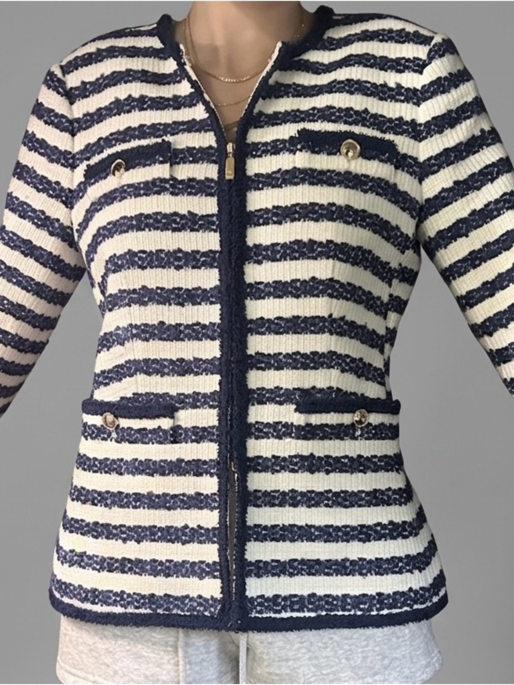 Ann Taylor Navy and Cream Striped Tweed Zip Jacket